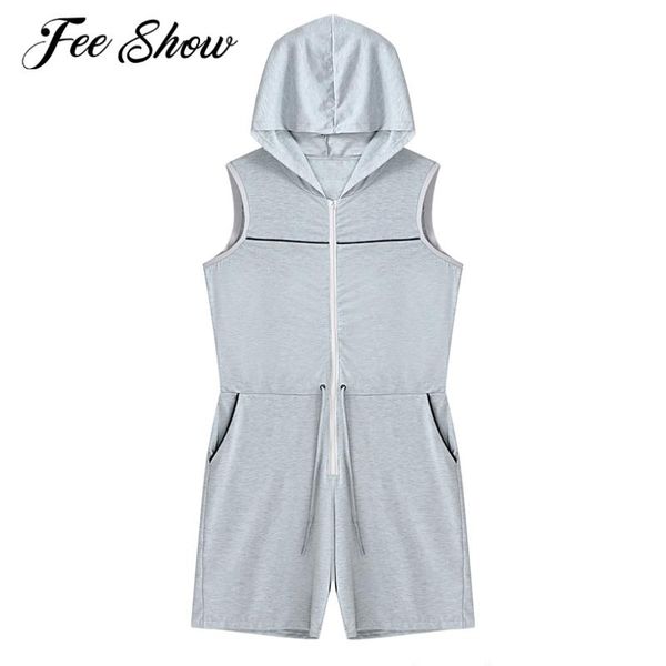 

man summer sport jumpsuit hooded hoodie sleeveless front zipper drawstring around waist shorts casual men bodysuit men's pants, Black