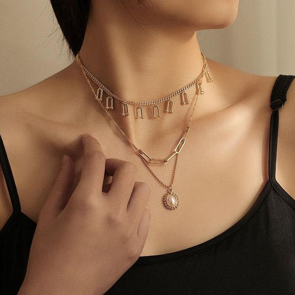 

chokers minar trendy chains necklaces for women multi layers simulated pearl hollow linked chain necklace accessories, Golden;silver