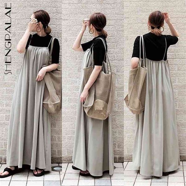 

solid color camisole dress women's summer square collar sleeveless folds mid-calf dresses female tide 5e223 210427, Black;gray