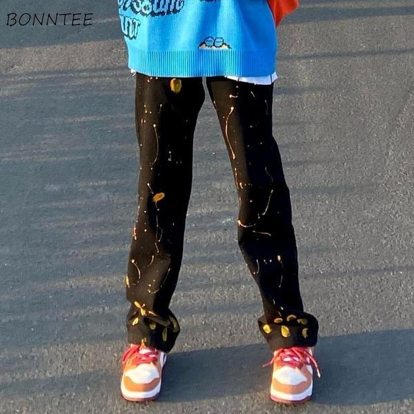 

jeans women splash ink panelled straight chic streetwear cool bf korean style vintage washed loose female bottom casual women's, Blue