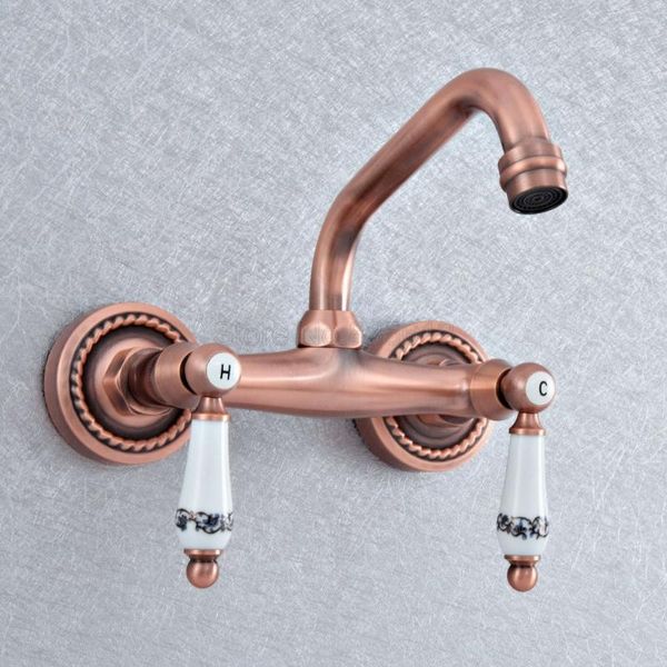 

antique red copper brass wall mounted dual handles kitchen sink faucet bathroom basin mixer taps swivel spout tsf890 faucets