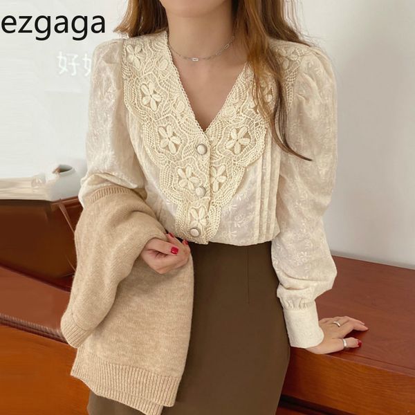 

ezgaga women blouse korean chic lace patchwork v-neck single breasted vintage long sleeve flower elegant shirts sweet blusas 210430, White