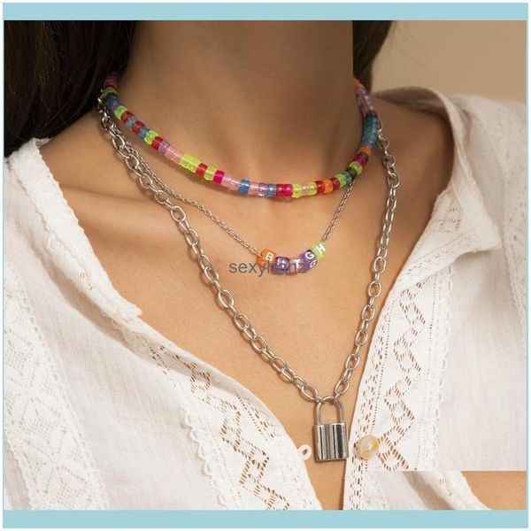 

& pendants pendant necklaces bohemia mtilayer colorf transparent beaded letter choker necklace for woman fashion geometric lock chain jewelr, Silver