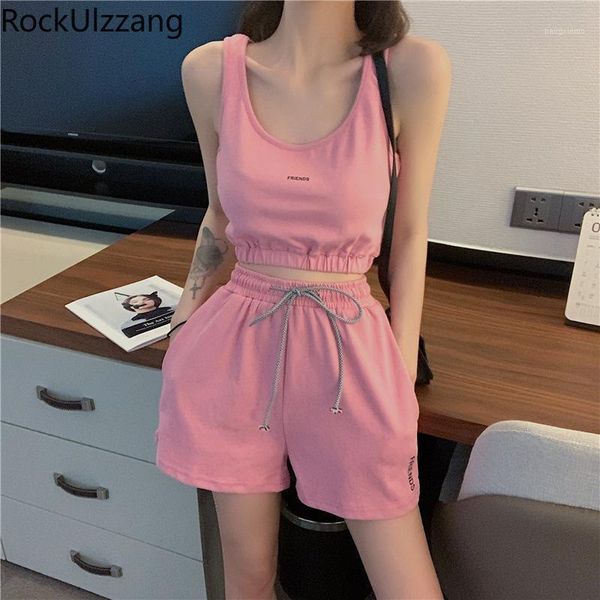

women's tracksuits two piece matching set cotton crop sleeveless tank t shirt drawstring short suit women fashion summer workout fitnes, Gray