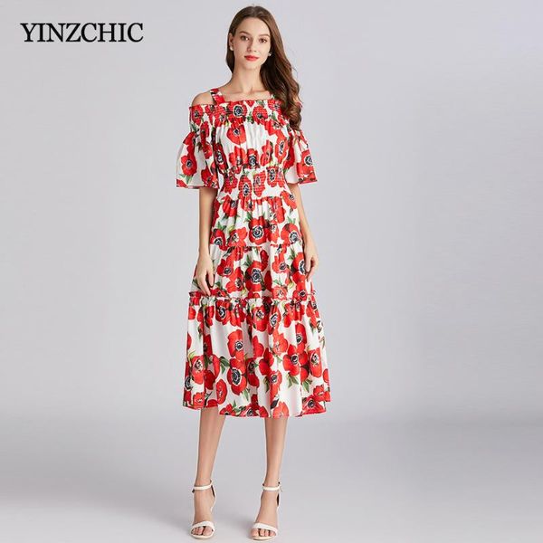 

casual dresses runway woman floral mid dress straped ladies a-line ruffles elegant beach ol party, Black;gray