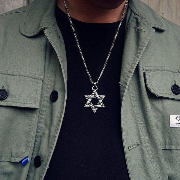 Colares Pingente Kpop Estrela de David Israel Cadeia para Homens Mulheres Judaica Prata Cor Hip Hop Long Je Jóias Meninos Gift272s
