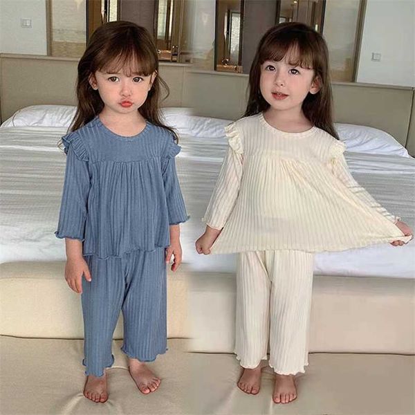 Baby Girls Pajamas набор сладкая весна осень мягкий свободный вздохненный ребристый пуловер двух частей дома носить детскую одежду малышей 21130