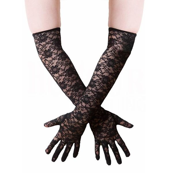 

five fingers gloves women lace jacquard floral long elbow glove exotic goth punk victorian lolita harajuku bridal stage party costume, Blue;gray