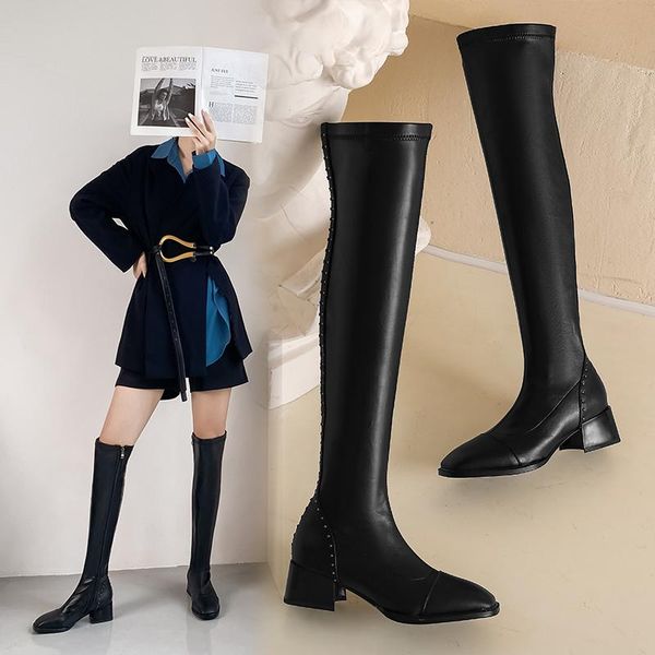 

boots night club slim long ladies rivets decoration over the knee genuine leather thick high heels shoes woman, Black