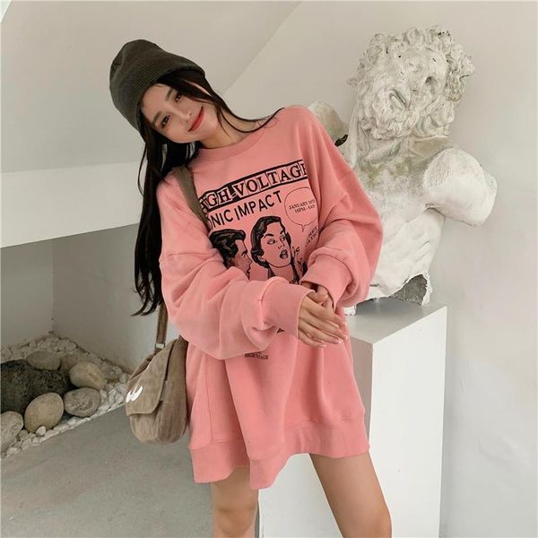 

women casual sweatshirt korean style o-neck funny cartoon print long sleeve oversized pullover female winter clothes 2021 women's hoodi, Black
