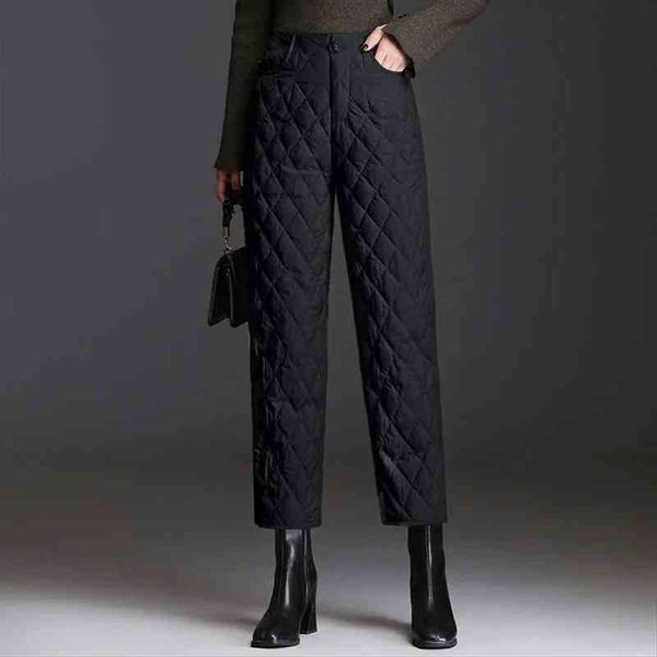 

down cotton casual warm women pants straight plus size baggy ankle-length windproof high waist quilted bottoms, Black;white