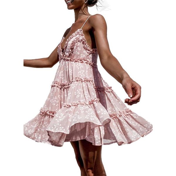 

women fashion casual streetwear vestidos flower printed mini dress ladies summer v neck sleeveless ruffles backless dresses, Black;gray