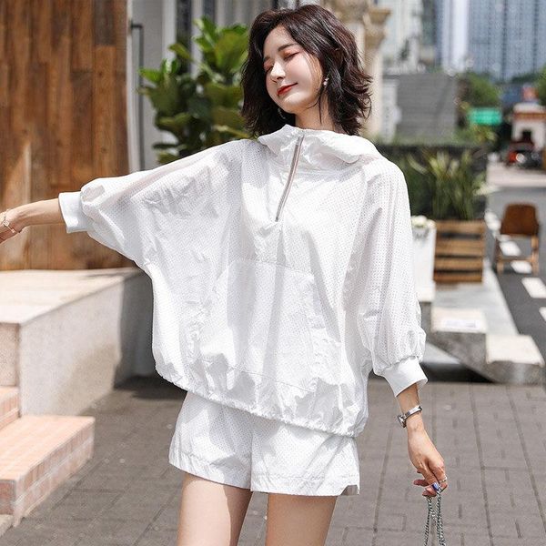 

hooded bat shirt two piece set 2021 summer women seven point sleeve hoodies and short pants korean loose casual aq370 women's tracksuit, Gray