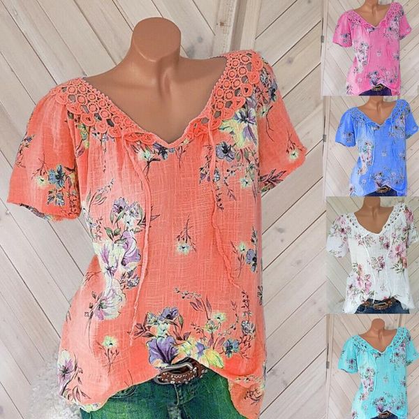 

women's t-shirt summer style lace v-neck printing short-sleeved 0541, White