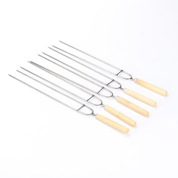 

tools & accessories wood handle bbq skewers long reusable chicken holder barbecue stainless steel rotisserie churrasqueira camping accesorio