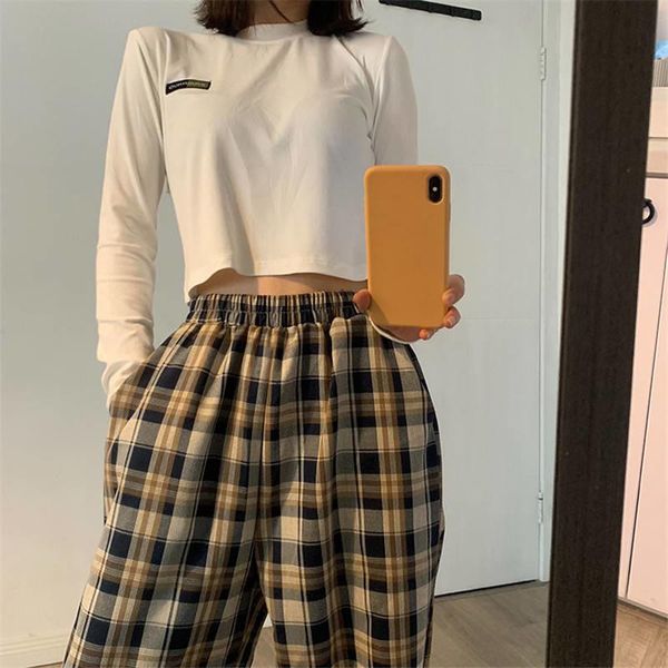 

women's pants & capris spring latest female fashion loose high waist plaid casual trousers jogger harajuku sweatpants straight women, Black;white