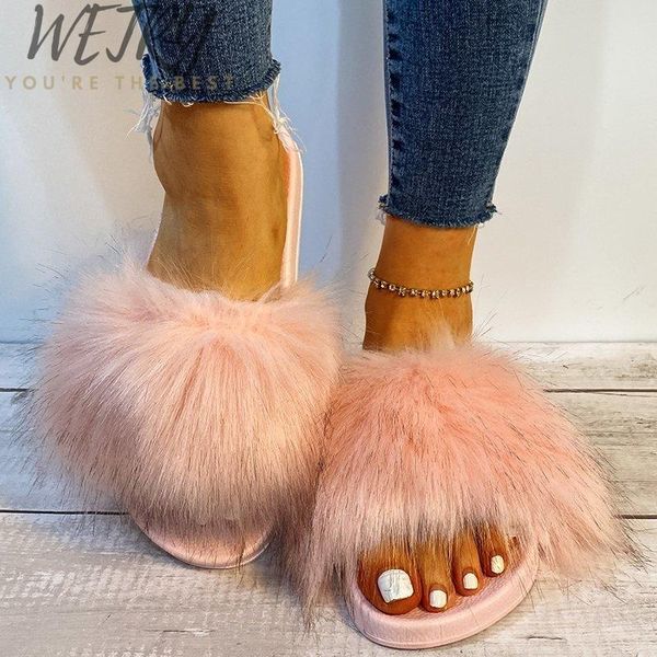 

women summer real fur slides non-slip fluffy slippers furry ladies cute plush hair, Black