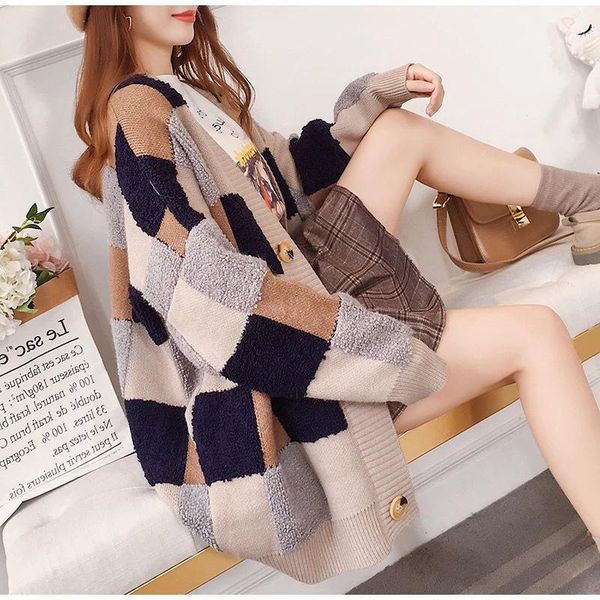 

women's sweaters clothing 2021 arrival spring autumn loose knitted cardigans women plaid retro casual sweater coats, White;black