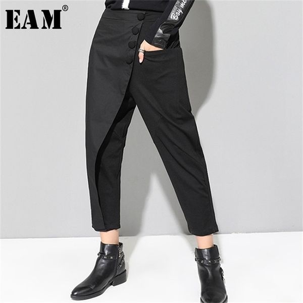 

[eam] spring black loose high waist flat elastic women fashion wide leg ankle-length pants oa870 210915, Black;white