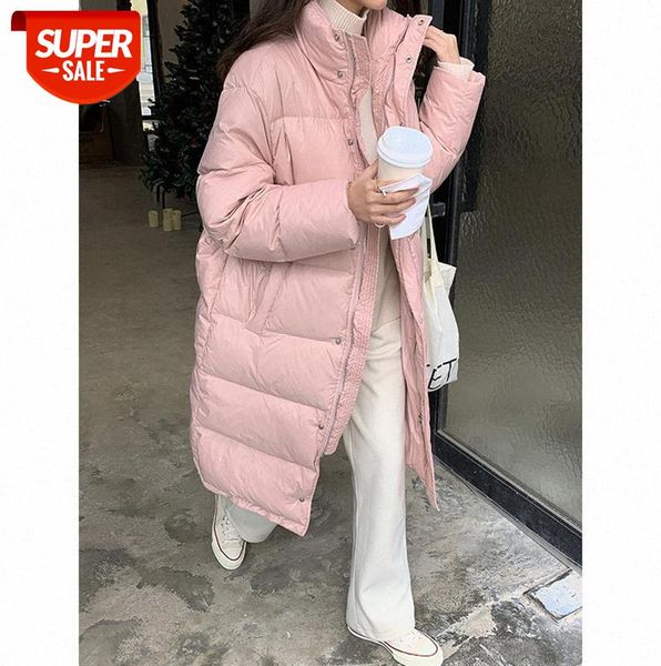 

tg90% white duck down jacket women long loose stand-up collar bread thick 13527 #du7l, Black;gray