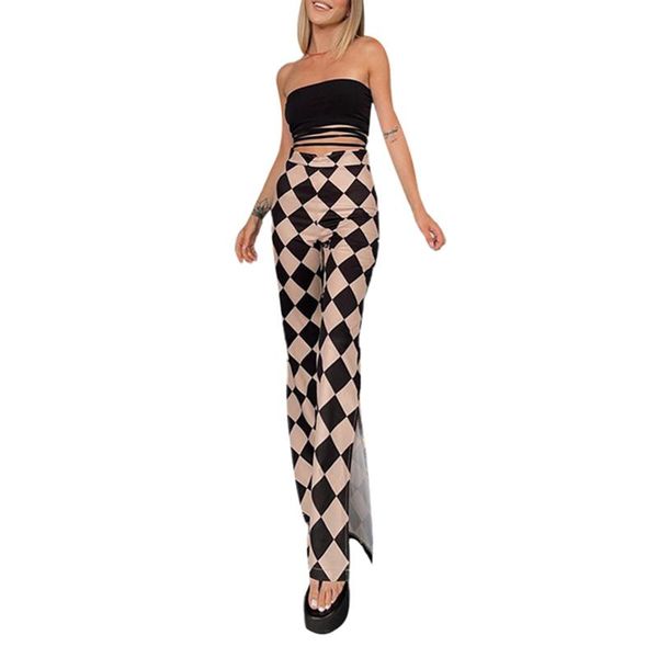 

women's pants & capris autumn fashion women flared with slit design rhomboid printed pattern high waist trousers s/ / l black, Black;white