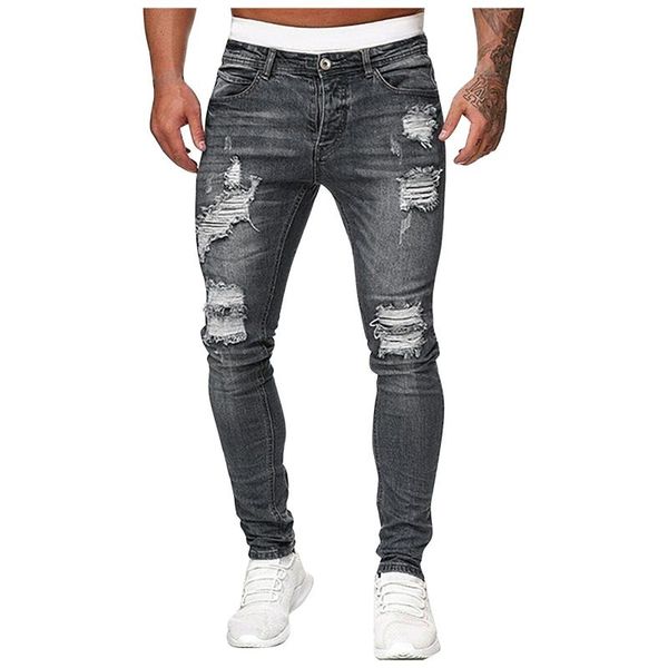 

men's jeans fashion casual solid colors high waist hole ripped skinny slim fit denim pants hip hop trousers large size#g3, Blue