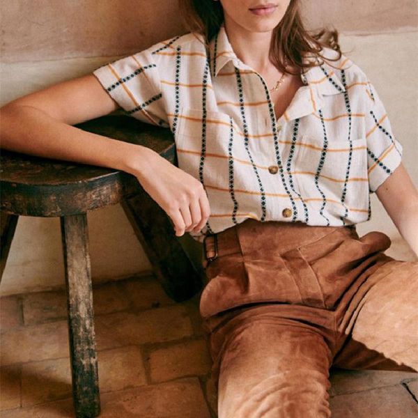 

women's blouses & shirts blouse and shirt cotton plaid short sleeve turn-down collar striped with buttons 2021 summer ladies pockets, White