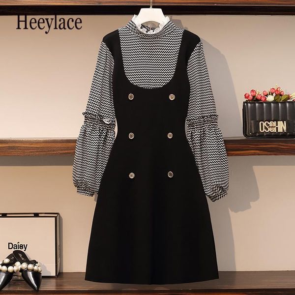 

plus size women autumn winter office ladies long sleeve elegant dress plaid patchwork vintage high waist a-line korean dresses casual, Black;gray