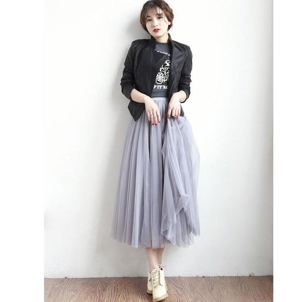 

skirts 2021 spring summer womens mesh tulle skirt women elastic high waist a line mid calf midi long pleated pp-041, Black