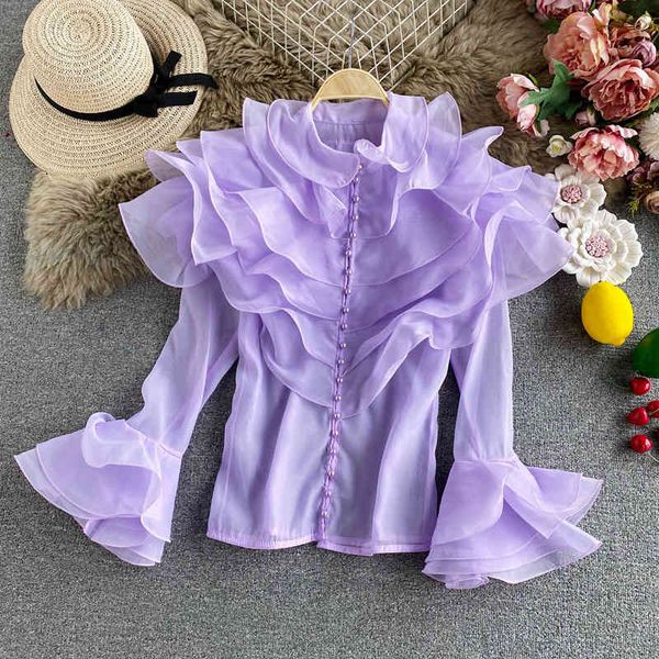 

sweaters black/white/purple ruffle thin blouse women see-through single breasted slim shirt female vintage spring autumn, White;black