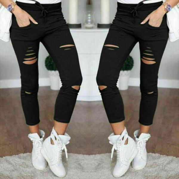 

skinny denim pants holes womens jean destroyed knee pencil casual trousers black white stretch ripped s 2xl, Blue