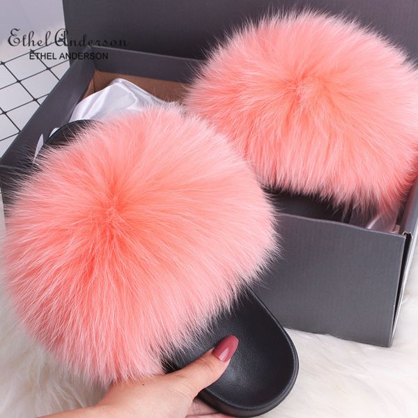

slippers 100% real fur slides update colors summer sandals women beautiful flat shoes fuzzy 1 78bp, Black