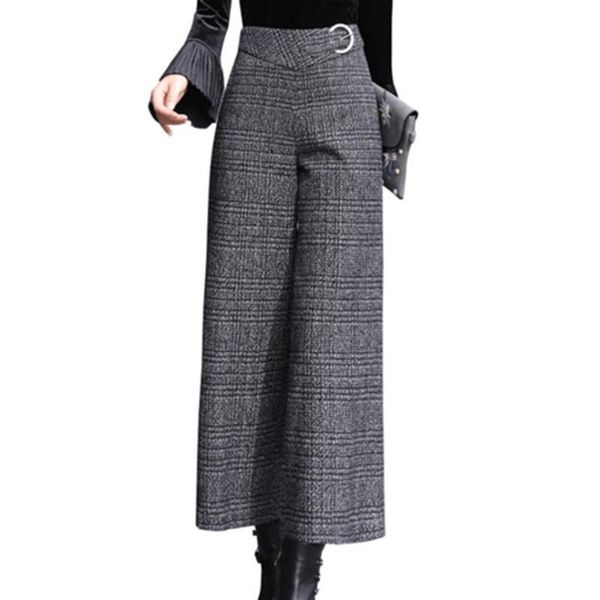 

women's pants & capris winter female casual pockets plaid long trousers back zip cotton woolen wide leg office lady work bottoms, Black;white