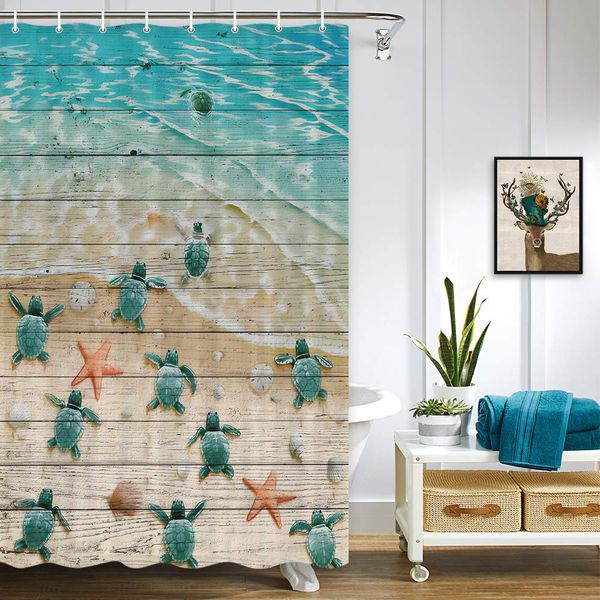 

sea turtle shower curtain, sea turtles and starfish at ocean sandy beach on rustic vintage wood panels shower curtain for