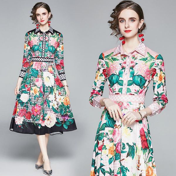 

casual dresses spring spot women's ladies temperament retro print waist long sleeve big swing dress, Black;gray