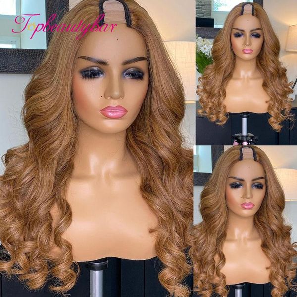 

wavy u part wigs for women highlight brown color human hair 180% density middle shape remy glueless lace, Black;brown