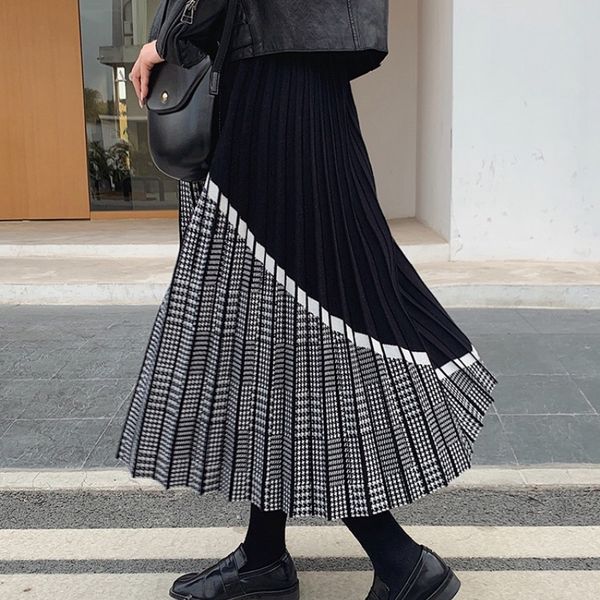 

bygouby noble jacquard knit women knitted skirt elastic high waist maxi skirts autumn winter thick warm party pleated skirts, Black;gray