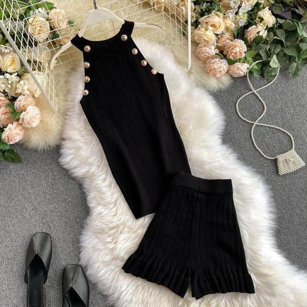 

2 piece set fashion womens pants ruffles pullover knitted button sleeveless jumper elastic causal korean girls shorts 20220, White