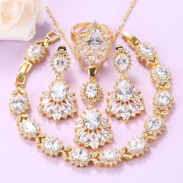 

wedding big jewelry sets necklace and bracelet white cubic zirconia long earrings pendant gold color african women accessories h1022, Silver