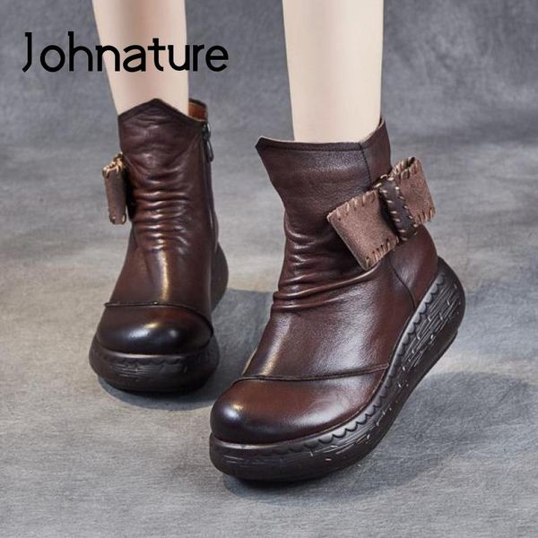 

boots johnature women shoes platform winter 2021 genuine leather plush retro handmade wedges zip leisure ankle ladies, Black