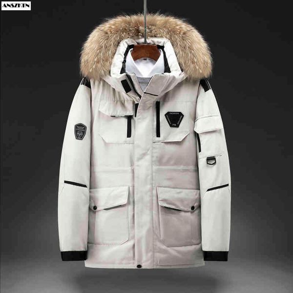 

anszktn new arrival men's hooded winter thick coat fashion et thick warm male outerwear feather overcoat, Black;white