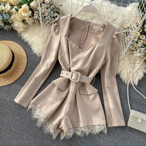

fashion retro v neck lace women rompers decorated playsuit summer belted, Black;white