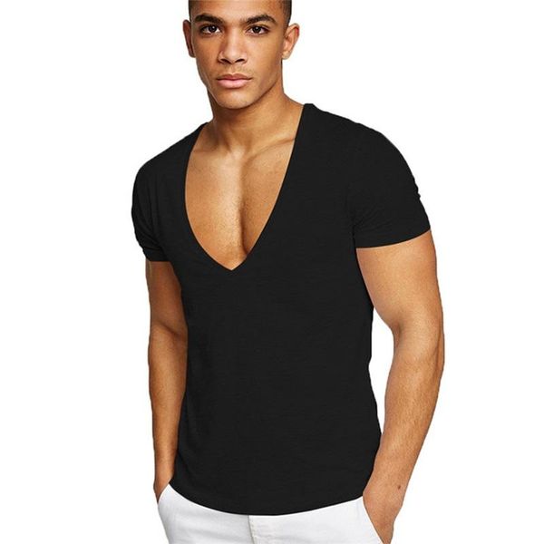 

shirts men deep v neck short sleeve tshirts summer streetwear casual solid slim cotton tees gym fitness boxing t shirt men's t-shirts, White;black