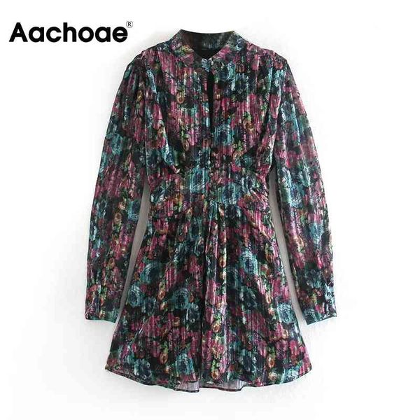 

aachoae floral print vintage mini dress stand collar retro pleated dress long sleeve hollow out boho dress vestido de mujer xs-l 210413, Black;gray