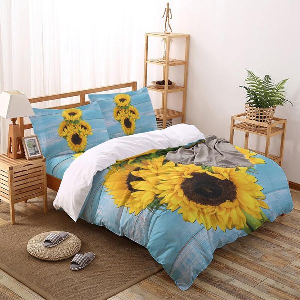 

bedding sets flower sunflower blue wood grain print comforter set duvet cover  king bed home housse de couette gift
