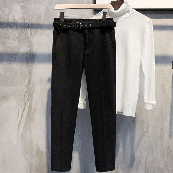 

men's pants 2021 men autumn winter high waist woolen straight trousers slim casual wool male solid color o602, Black