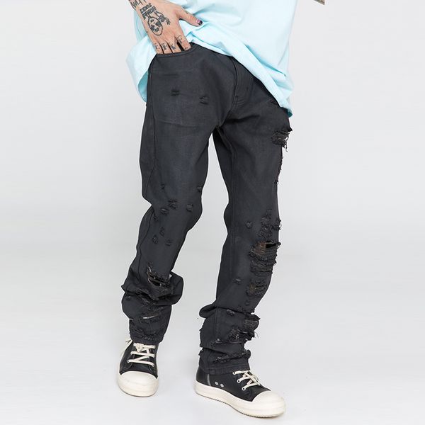 

men's pants black, washed, male, solid-colored, torn, baggy denim pants f3u9