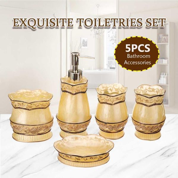 

bath accessory set 5pcs gold resin bathroom accessories pump bottle iiquid soap dispenser dish toothbrush holder couple mouthwash cup