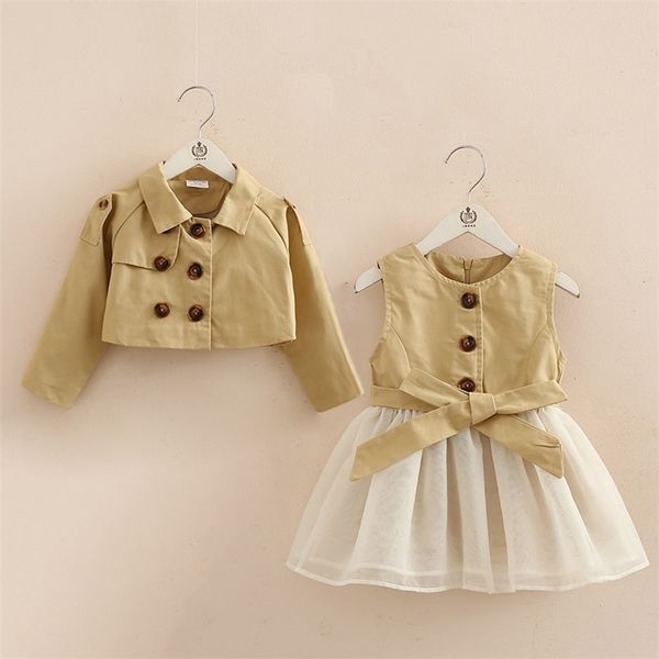 Herbstmode 3 4 6-10 Jahre Langarm Mantel + Weste Mesh Kleider Knopf Schleife Design für Kinder Baby Mädchen Kleid 2 Stück Set 210625