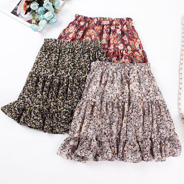 

skirts korean version of rural small fresh broken flower summer high waist splicing chiffon pleated printed women mini tutu short skirt, Black